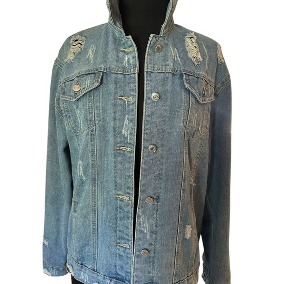 Womens Wash Distressed Ripped Destroyed Denim Jean Jacket Frayed Large 2 - Picture 4 of 13